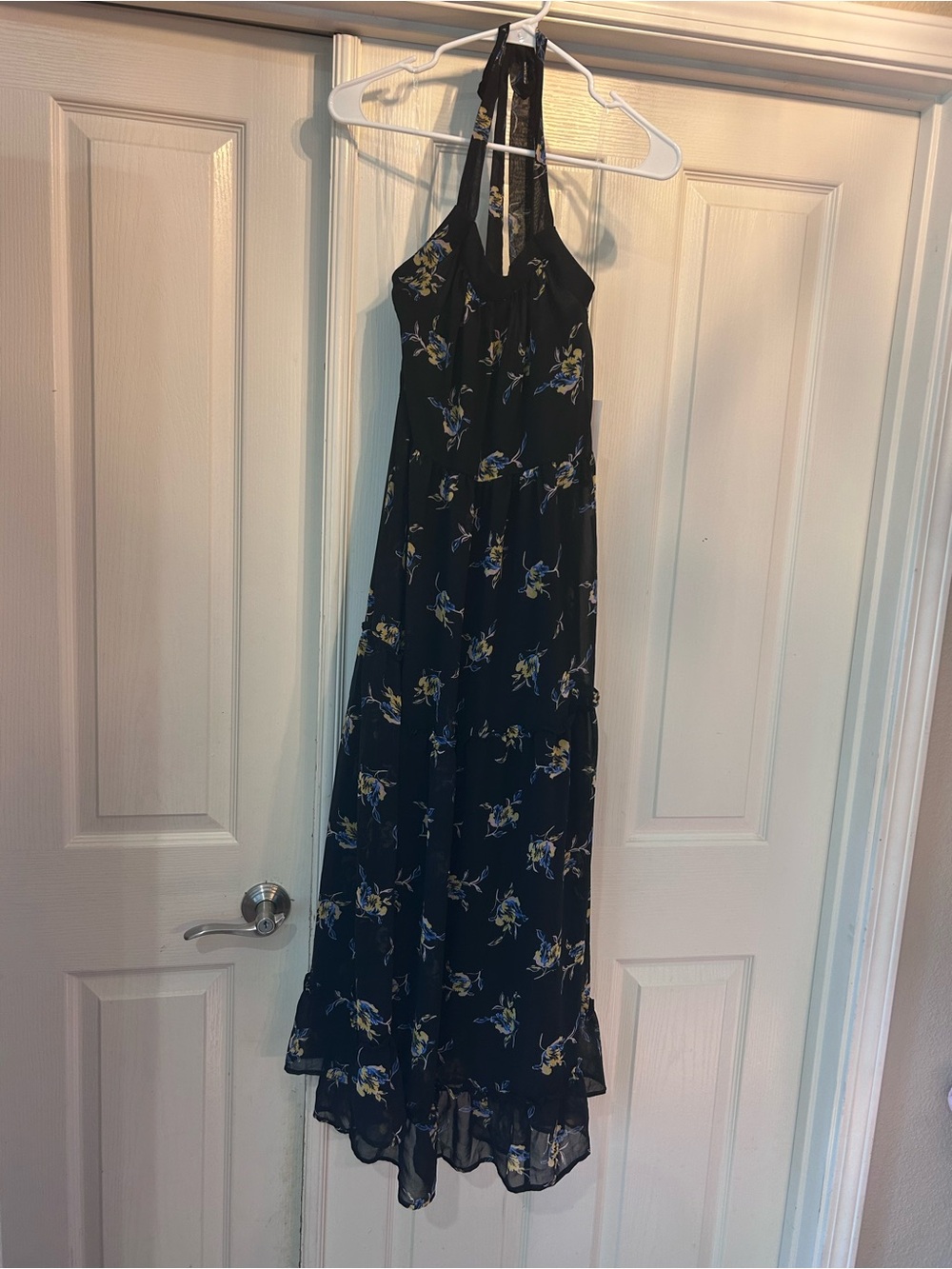 Who What Wear Navy Halter Maxi Dress with Yellow Floral Print